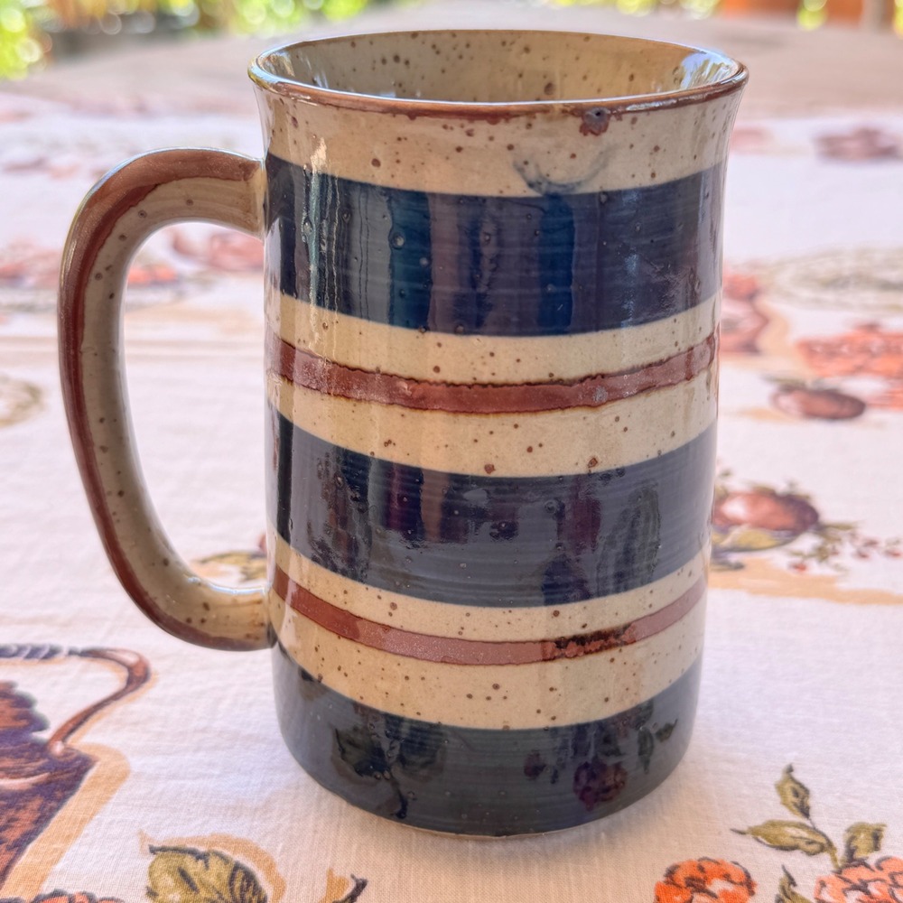 Vintage Speckled Stoneware Mug Tall Striped Navy Blue Terracotta Boho Rustic